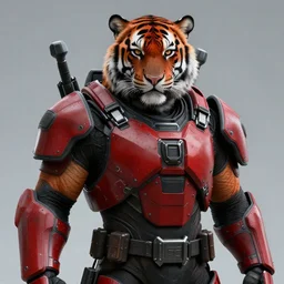 a tiger wearing ultra heavy combat armour with red and black color hyperdetailed photorealistic digotal art aesthetic cool character design by charles bowater artger highly detailed detailed face 8k cinematic
