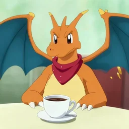 dragonair wearing a bandanna at a table with cup of coffee by artgerm