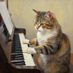 an cat playing piano, oil painting,