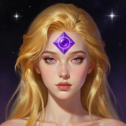 head and shoulders portrait of a beautiful gallent golden haired girl with open purple third eye chakra, geometric third eye, attractive sci - fi face, space background, breathtaking stars, elegant, highly detailed, digital painting, artstation, concept art, smooth, sharp focus, illustration, anime asthetic, art by artgerm and greg rutkowski and alphonse mucha