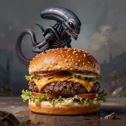 hyper realistic hamburger as a xenomorph, painted by greg rutkowski, unreal engine, pixar,