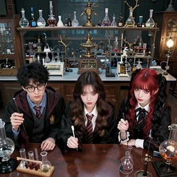 Three friends working in a magic laboratory, one of the friends is a young man with black hair and glasses, the second friend is a beautiful young woman with brunette hair, the third friend is a cute goth girl with red and black hair, wide angle photography, highly detailed and intricate, rule of thirds, color theory, magic laboratory setting, soft lighting, photo photo