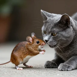 “A brown mouse, beating up a grey cat, photography, ultra hd, high quality, highly detailed, 8k resolution”