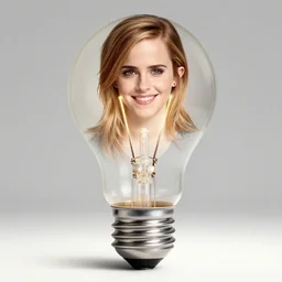 color studio photo of emma watson inside a light bulb, smiling
