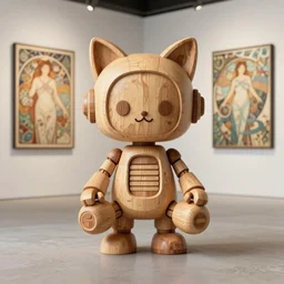3D 8k octan render ,ultra photorealistic, detailed unreal engine ,cartoon sheet, a wooden sculpture wooden art toys wooden on feet ,very cute robot wooden with cat ears zen méditation cyberpunk concept art wooden ,trending on cgsociety, a contemporary art gallery art  in néo Paris ,art by Alphonse Mucha