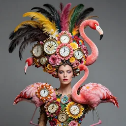 of a woman with a strange headpiece, alexander mcqueen flamingo baroque, panfuturism, made of clocks, made of flowers, made of long feathers, hybrid, extravagant, retro futuristic, bold natural colors, masterpiece, trending on artstation, photography h 7 6 8