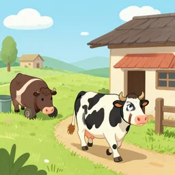 a anthropomorphic cow coming back to his house from work