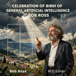 Celebration of birth of General Artificial Intelligence by Bob Ross and M. C. Escher collaboration, digital art, high details