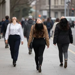 people with head rotated backwards walk