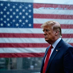 donald trump looking through a water wall with drops mimicking the united states flag, with clear glass, melancholic, sad, lots of raindrops, detailed, cinematic, dramatic lighting, by kelly freas