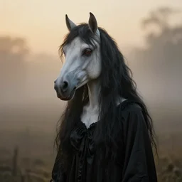 photorealistic headshot of a tikbalang, a tikbalang is an evil spirit from philippine folklore that is described an emaciated human with white albino skin, long shiny black hair and a evil horse head. the tikbalang is wearing a long black silk nightgown, moody, foggy and atmospheric, golden hour, soft focus, horror