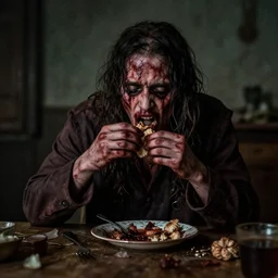 a realistic cannibal scene while is eating a scared