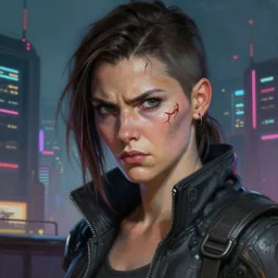 epic portrait of femshep Mass Effect 1 character creator scars 1 on cheek, Night City, cyberpunk 2077, neon megacity in the background, angry and bored, illustration, soft lighting, soft details, painting oil on canvas by mark arian by artgerm, trending on artstation, 4k, 8k, HD