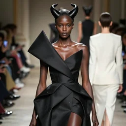 beautifully lit portrait photo in medium close up of extremely beautiful woman who is a black statue with black horns on her head wearing avant garde asymmetrical distorted comme de garcon haute couture gown in the style of rei kawakubo, couture, avant garde, matthew williams, givenchy, balenciaga, yohji yamamoto, japanese avant garde fashion, fashion, paris, runway, collection, beautifully lit, glossy, hd, 4 k, 8 k, extremely clear focus, sharp, award winning fashion photograph