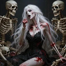 extremely beautiful panting of goddess of the realm of the dead, half woman half skeleton, covered with blood, surrounded by skeletons, extremely high detailed face, long white hair, torn black dress!, true anatomy, artstation, unreal engine 5, octane rendered, by ilya kuvshinov, greg rutkowski and makoto shinkai, trending on artstation