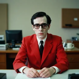 portrait front view of a man in a red suit sitting at a desk, glasses, pale skin, black hair, creepy atmosphere, background 1970s office, photograph by Wes Anderson, Kodak Ektra 22, depth of field