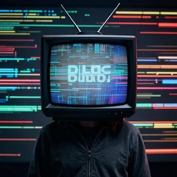 person with a tv for a head and a tv error background, 4K, high octane