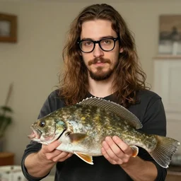 a trade offer meme of a handsome guy with very long brownish! hair!, with nerdy! glasses! and goatee holding a flounder, art by artgerma and greg rutkowski