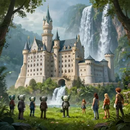 beautiful illustration of a big castle in a fantasy world, waterfall in the background, green grass, by albert bierstadt, highly detailed, crystal lighting, mystical, forest, hyperrealistic, 4 k, unreal engine, magical, by joe fenton, by greg rutkowski, by greg tocchini, by kaws, by kate beaton, by kaethe butcher