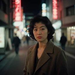 a Japanese woman on a street at night, 1971, 35mm photography, red neon lights