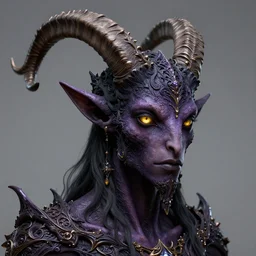 ornate, gothic, demon, tiefling, goat horns, dark purple skin, male, golden eyes, cinematic, ultrarealistic, intricate detail, finely detailed, small details, extra detail, high resolution, 3 d, volumetric lighting, octane render, 8 k, ultradetailed, photorealistic
