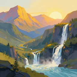 fantasy art, abstract, beautiful mountains at the golden hour with waterfalls, concept art, colourful, relaxing.