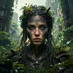 portrait of Aruula in a post apocalyptic city overgrown with lush vegetation, by Luis Royo, by Greg Rutkowski, dark, gritty, intricate, highly detailed face, backlit, strong rimlight, cover illustration, concept art, volumetric lighting, volumetric atmosphere,sharp focus, octane render, trending on artstation, 8k