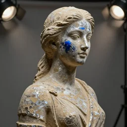 statue of a perfect woman, sandstone, silver, blue steel ( desgined by botero ), studio photo, octane render, studio lights, macro lens