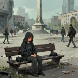 storyboard : sadie sink in hoodie sat down on bench in ruined square, pedestrians walk by, old soviet monument. scifi cyberpunk. drawn by gabriel hardman. cinematic atmosphere, detailed and intricate, perfect anatomy