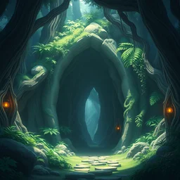 a wholesome animation key shot of a ancient entrances to the under world in an exotic forrest by studio ghibli, animation, sharp, rendered in unreal engine 5, focused, anime key art by greg hildebrant, bloom, dramatic lighting