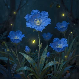 beautiful _ digital _ matter _ cinematic _ painting _ of _ whimsical _ botanical _ illustration _ blue _ flowers _ fireflies _ enchanted _ dark _ background _ whimsical _ scene _ b _ - h _ 7 6 8