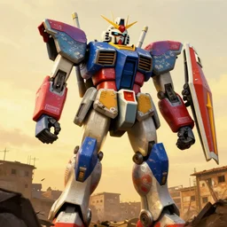 colourful - damaged - giant mecha ROBOT of AJEGUNLE SLUMS in Lagos, markings on robot, Golden Hour, in the style Alex ross,