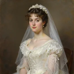 portrait painting of a young victorian lady with a beautiful long wedding dress, high quality by jeremy mann, only one head single portrait