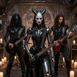 goth black metal band, 3 - piece, guitarists, bassist, drummer, vocalist, all black cyberpunk clothes, robotic prosthetic limbs, dermal implants, detailed faces, cyborg satan, futuristic, realistic, promo photograph, epk, room full of candles, high quality photograph, highly detailed