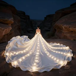 photo, a woman in a giant flowing incredibly long dragging illuminated white dress, standing inside a dark western rocky scenic landscape, volumetric lighting