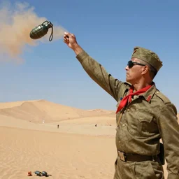 an 4 0 years old solidier with sunglasses, red ascot and a field cap, throwing a grenade in the desert by monet