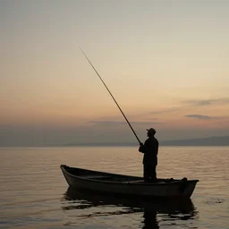 silhouette of an old man fishing from a tiny boat at dawn, tonalism