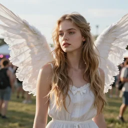 beautiful angel on outdoor festival, photo realistic, light skin asymmetrical face, ethereal volumetric light sharp focus