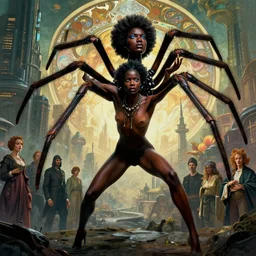 realistic detailed photorealistic film portrait shot of a beautiful black woman with a giant spider, sci - fi city landscape background by amano, yves tanguy, alphonse mucha, ernst haeckel, max ernst, andrei tarkovsky, edward robert hughes, roger dean, necklace, dynamic pose, rich moody colours, wide angle, blue eyes