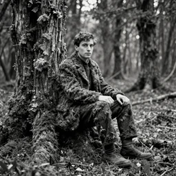 “A vintage black and white photograph of a seated man covered with moss and lichen. Wistman's Wood”