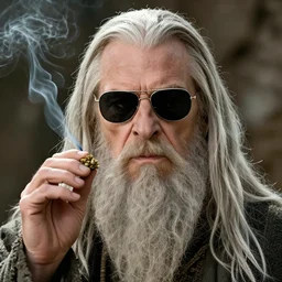 face portrait of gandalf wearing shade sunglasses, smoking weed