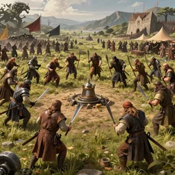 Medieval fantasy battle between humans and orcs, digital art, realistic, artstation, detailed