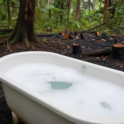 pristine porcelain bath filled with bubbles in a clearfelled jungle, slash and burn, deforestation, tree stumps, smouldering charred timber