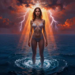 aerial painting of a giant beautiful female, standing in the middle of the ocean, the sky is on fire. neill blomkamp cinematography, atmospheric lightning, godray, concept art, in the style of bob byerley, 8 k high details
