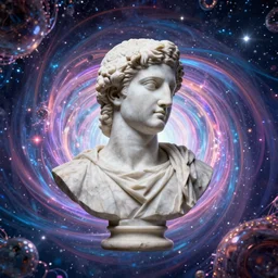 3 d sci - fi cgartist rendering of a hyper realistic marble greek statuary bust floating at the vast pulsating interdimensional fractal space portal at the psychedelic vaporwave event horizon directed by col price, trending on artstation