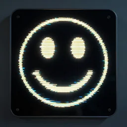 black neutral smiley face electronic led warning sign, death doom, end of the world, warning, glitched, unsettling, flash photo, hyperrealism, 8 k