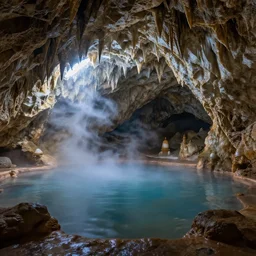 photo of a fluorescent cave with a hot spring highly detailed 8 k hdr smooth sharp focus high resolution award - winning photo