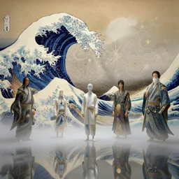 spirits over the horizon, modern art, concept art, digital art, 2. 5 d, mist, lumen reflections, ray traced, in a symbolic and meaningful style, insanely detailed and intricate, hypermaximalist, elegant, ornate, hyper realistic, super detailed, by akihito yoshida, by katsushika hokusai, by takashi murakami