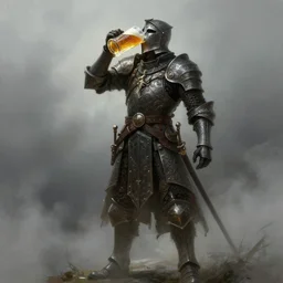 knight drinks beer, beer, glass, beer mug in hand, intricate, triumphantly, foggy background, full body art, dark souls, drawing, concept art, artstation, digital painting