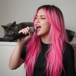 woman with pink extensions singing powerfully with a dark grey cat sleeping in the background